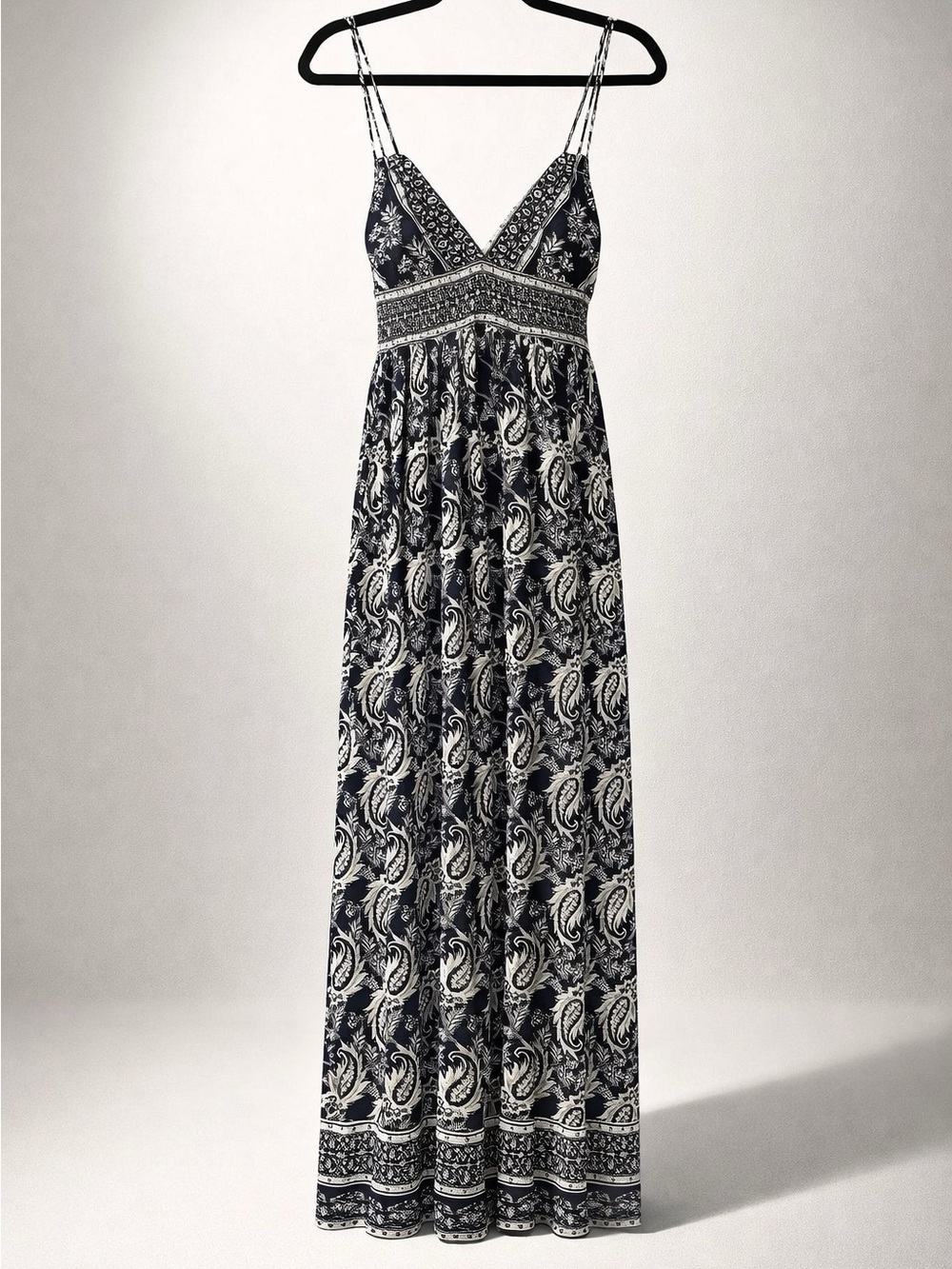 Spaghetti Strap Navy blue almost black and White Paisley Maxi Dress - Women
